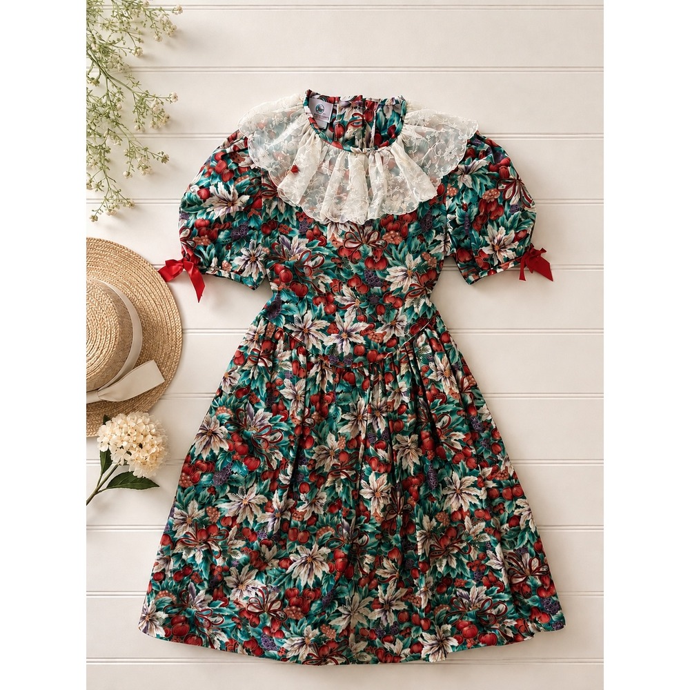 Vintage Carrousel Girls Size 10 Christmas Dress Made USA Lace Collar Cottagecore - Picture 1 of 16